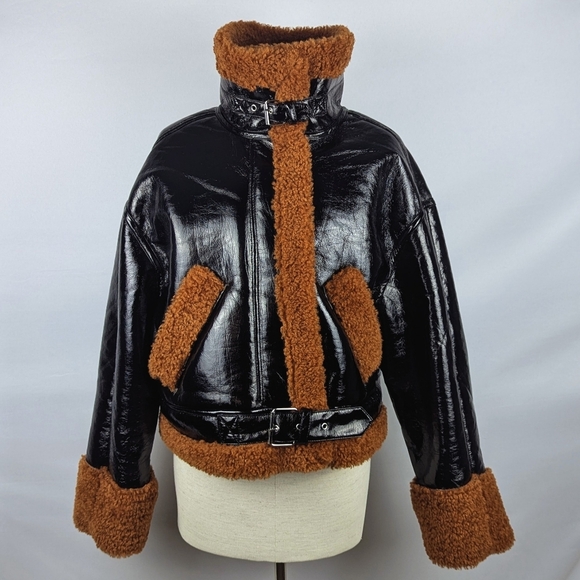 BLANK NYC Moto Jacket Vegan Patent Leather Faux Shearling Black Copper M NWT - Picture 6 of 14